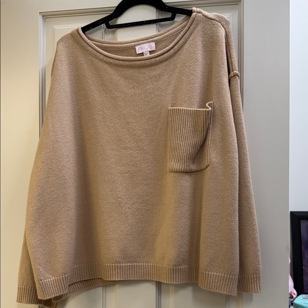 Pink Lily Tan Crew Neck Sweater